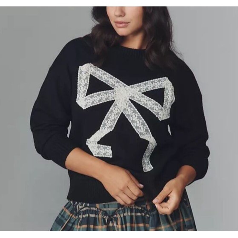 NWT ELOQUII Plus Lace Bow Appliqué Sweater 14/16 Black Black Anthropologie